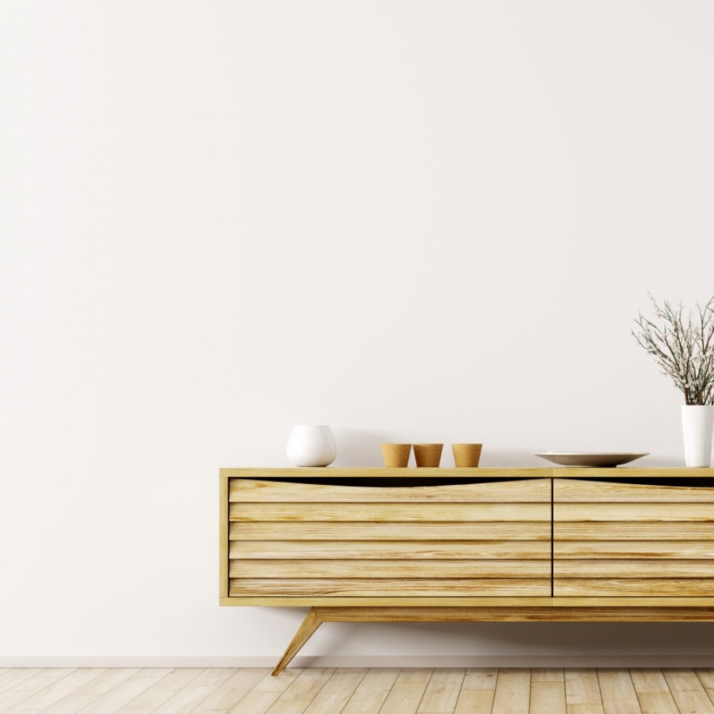 Interior with wooden cabinet and armchair 3d rendering