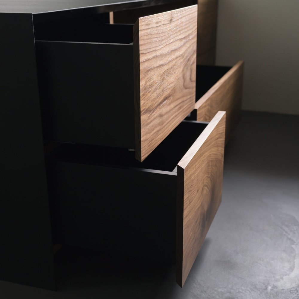 Closeup details of modern tv stand made from walnut and powder coated steed