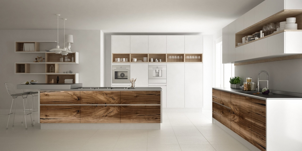 White modern minimalistic kitchen, with classic wood fittings, panoramic window, luxury interior design