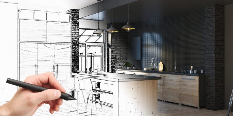Hand drawing unfinished project of modern kitchen interior. Engineering and architecture concept. 3D Rendering