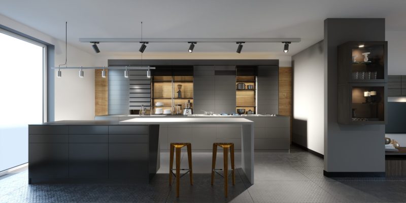 beautiful kitchen with dark furniture of an new loft. 3d rendering.